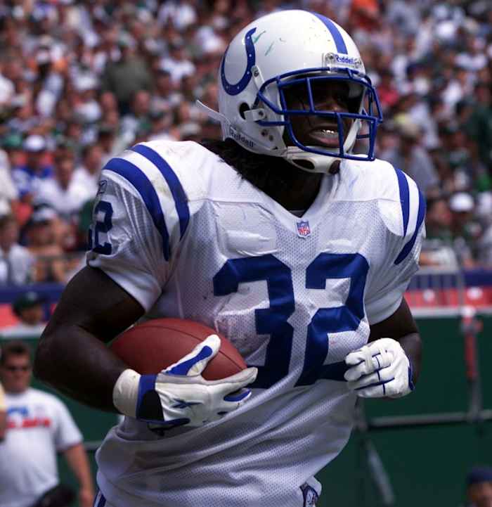 9/9/01. Edgerrin James of the Colts runs through the endzone after this first half touchdown run. Indianapolis Colts at NY Jets in season opener. Colts win 45-24.
