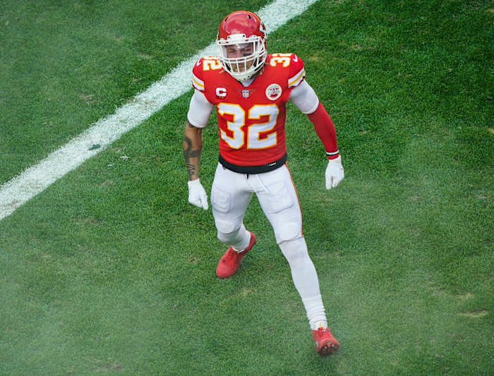 Jan 17, 2021; Kansas City, Missouri, USA; Kansas City Chiefs strong safety Tyrann Mathieu (32) is introduced before an AFC Divisional Round playoff game against the Cleveland Browns at Arrowhead Stadium. Mandatory Credit: Jay Biggerstaff-USA TODAY Sports