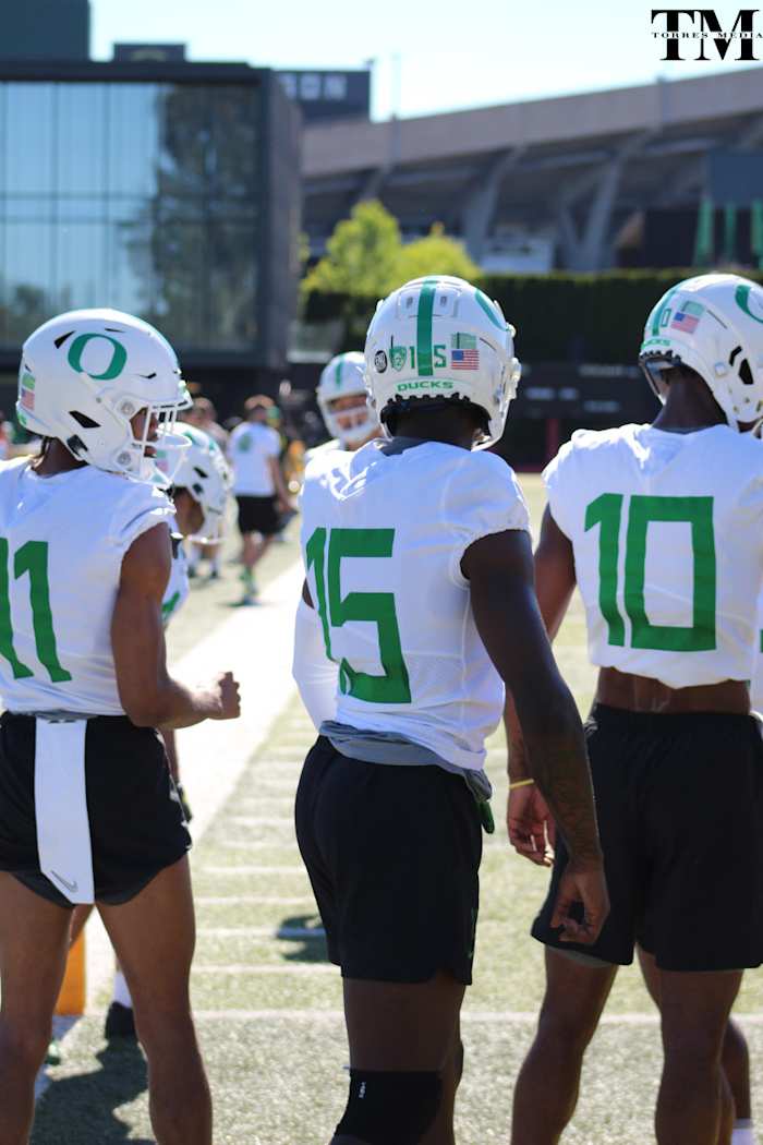 Franklin (11), Brevard (15) and Thornton (10) at fall camp in Eugene.