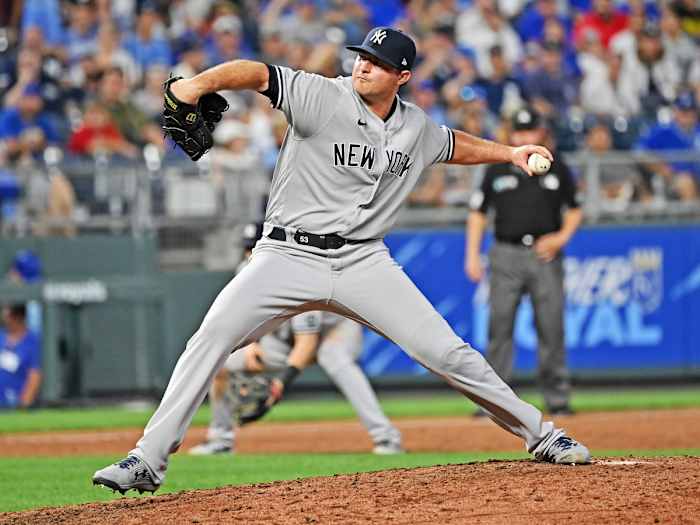Aug 9, 2021; Kansas City, Missouri, USA;  New York Yankees relief pitcher Zack Britton (53) delivers a pitch against the Kansas City Royals during the ninth inning at Kauffman Stadium.