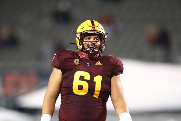 Dec 11, 2020; Tucson, Arizona, USA; Arizona State Sun Devils offensive lineman Dohnovan West (61) against the Arizona Wildcats during the Territorial Cup at Arizona Stadium.