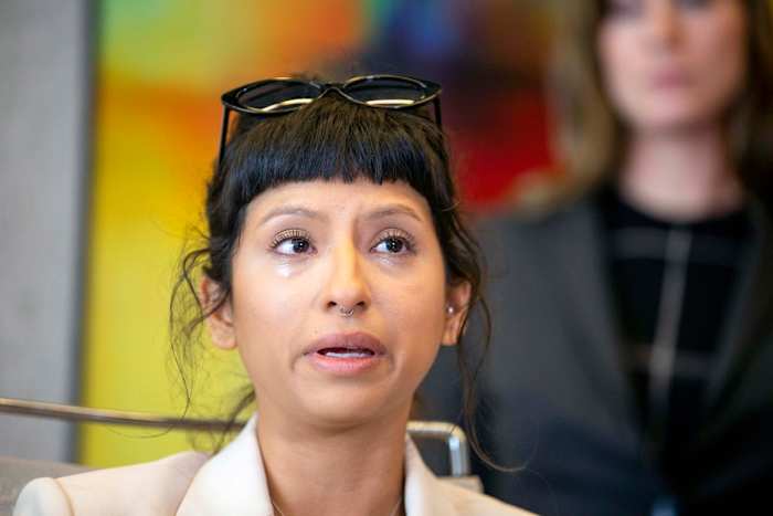 Ashley Solis speaks at a press conference about her allegations of sexual misconduct against Deshaun Watson