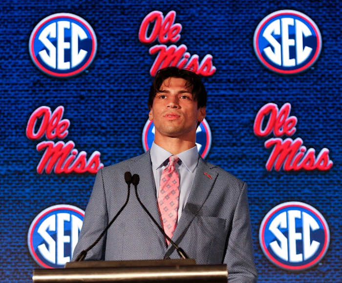 Ole Miss quarterback Matt Corral speaks in the main media room during SEC Media Days at the Hyatt Regency in Hoover, Ala., Tuesday, July 20, 2021.