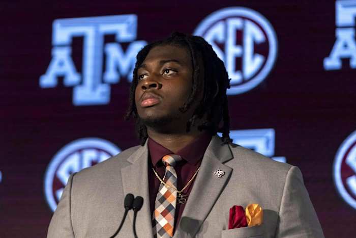 Jul 21, 2021; Hoover, Alabama, USA; Texas A&M Aggies offensive lineman Kenyon Green talks with the media during SEC Media Days at Hyatt Regency Birmingham.