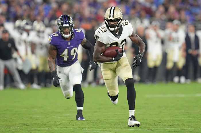 New Orleans Saints tight end Juwan Johnson (83) makes a second quarter catch against Baltimore. Mandatory Credit: Mitch Stringer-USA TODAY Sports