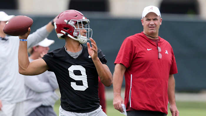 Alabama QB Bryce Young throws in practice