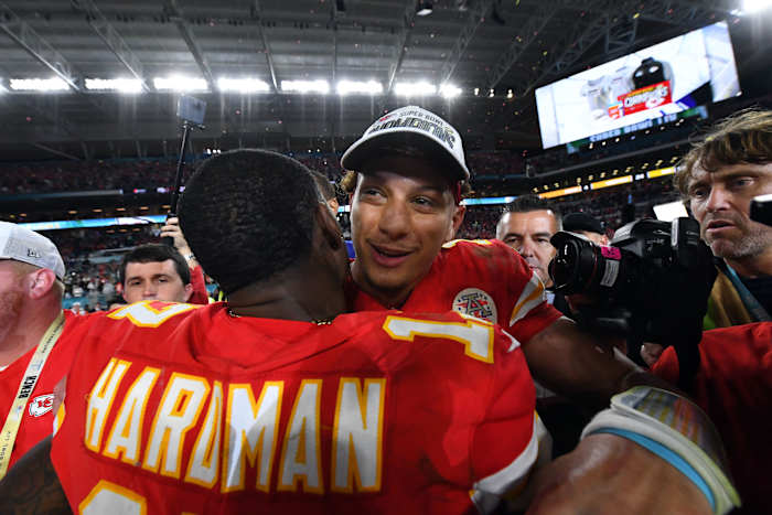 Feb 2, 2020; Miami Gardens, Florida, USA; Kansas City Chiefs quarterback Patrick Mahomes (15) and wide receiver Mecole Hardman (17) celebrate after defeating the San Francisco 49ers in Super Bowl LIV at Hard Rock Stadium. Mandatory Credit: Robert Deutsch-USA TODAY Sports