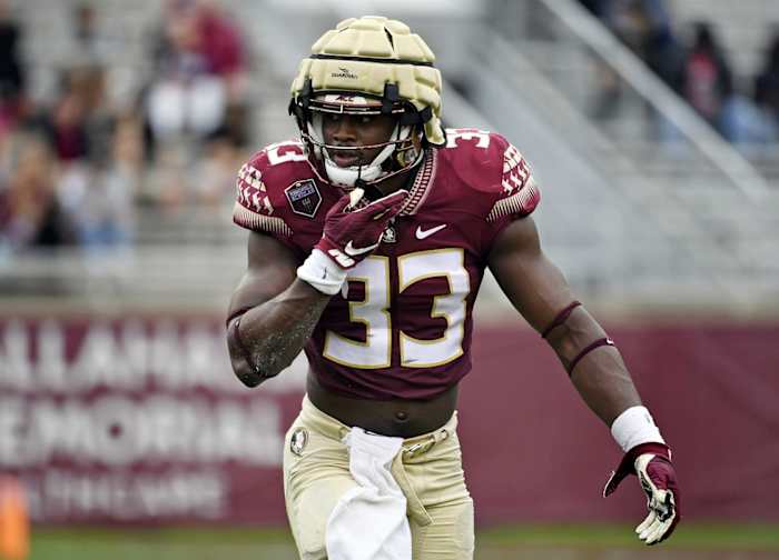 Apr 10, 2021; Tallahassee, Florida, USA; Florida State Seminoles linebacker Amari Gainer (33) during the annual Garnet and Gold Spring Game held at Doak Campbell Stadium.