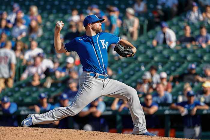 Aug 22, 2021; Chicago, Illinois, USA; Kansas City Royals relief pitcher Wade Davis (71) delivers against the Chicago Cubs during the ninth inning at Wrigley Field. Mandatory Credit: Kamil Krzaczynski-USA TODAY Sports