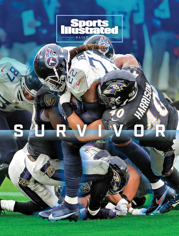 Derrick Henry runs through Ravens defenders on SI Daily Cover