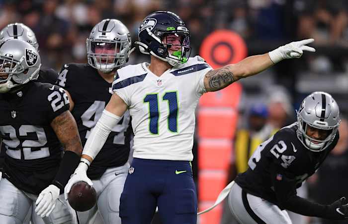 Seattle Seahawks wide receiver Cody Thompson (11) reacts after a first down against the Las Vegas Raiders during the first quarter at Allegiant Stadium.