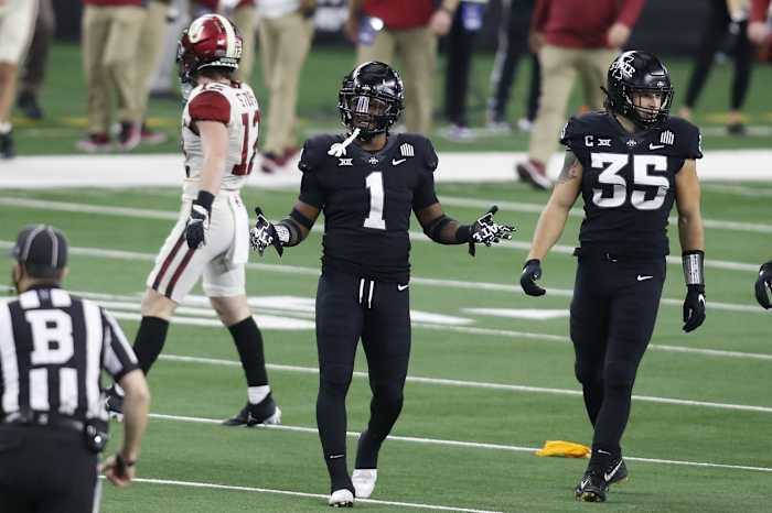 Dec 19, 2020; Arlington, Texas, USA; Iowa State Cyclones defensive back Isheem Young (1) reacts after being penalized for targeting in the first quarter against the Oklahoma Sooners at AT&T Stadium.
