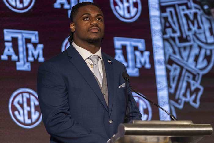 Jul 21, 2021; Hoover, Alabama, USA; Texas A&M Aggies defensive lineman DeMarvin Leal talks with the media during SEC Media Days at Hyatt Regency Birmingham.