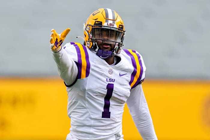 Apr 17, 2021; Baton Rouge, Louisiana, USA; LSU Tigers wide receiver Kayshon Boutte (1) reacts to making a catch against LSU Tigers cornerback Derek Stingley Jr. (24) during the first half of the annual Purple and White spring game at Tiger Stadium.