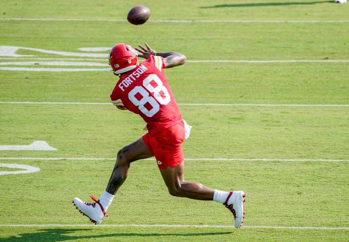 Jul 28, 2021; St. Joseph, MO, United States; Kansas City Chiefs wide receiver Jody Fortson (88) catches a pass during training camp at Missouri Western State University. Mandatory Credit: Denny Medley-USA TODAY Sports