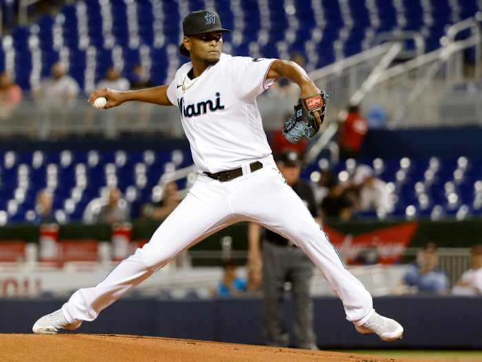 Aug 25, 2021; Miami, Florida, USA;  Miami Marlins starting pitcher Edward Cabrera (79) delivers a pitch during the first inning against the Washington Nationals at loanDepot Park.