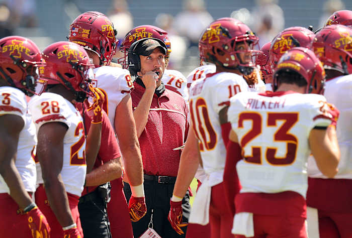Iowa State football in the huddle with Matt Campbell