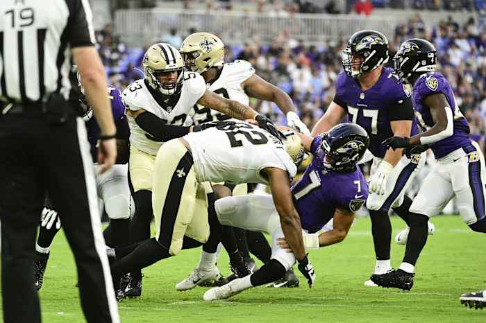 New Orleans Saints defensive end Marcus Davenport (92) takes down Baltimore Ravens quarterback Trace McSorley (7). Mandatory Credit: Tommy Gilligan-USA TODAY