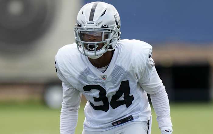 Las Vegas Raiders cornerback Blidi Wreh-Wilson (34) reacts during a joint practice against the Los Angeles Rams.