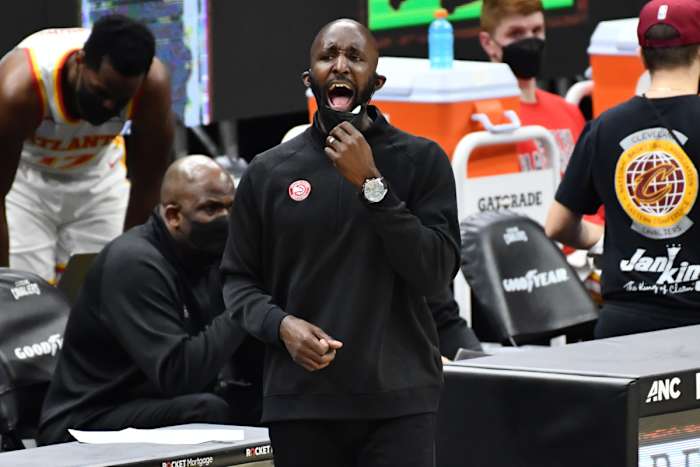 Atlanta Hawks head coach Lloyd Pierce yells to his team during the third quarter against the Cleveland Cavaliers.