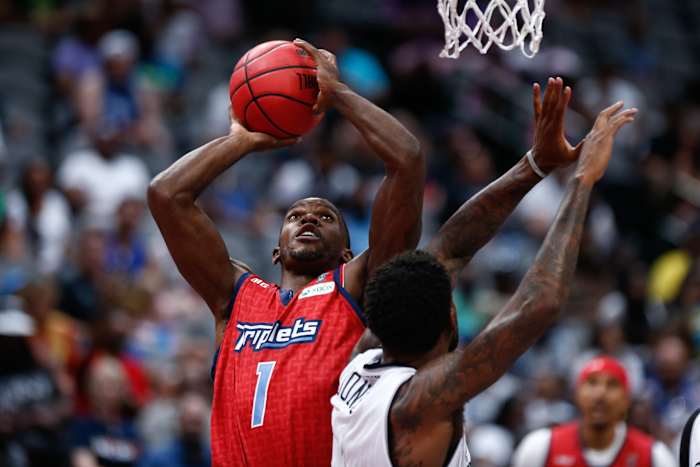 Triplets guard Joe Johnson (1) shoots under the basket against Enemies during week four of the Big3 3-on-3 basketball league