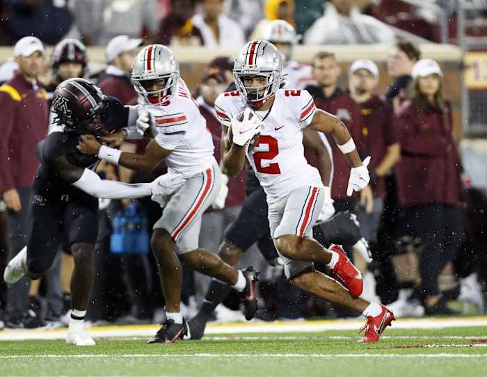 Receiver Chris Olave caught four passes for 117 yards and two touchdowns.