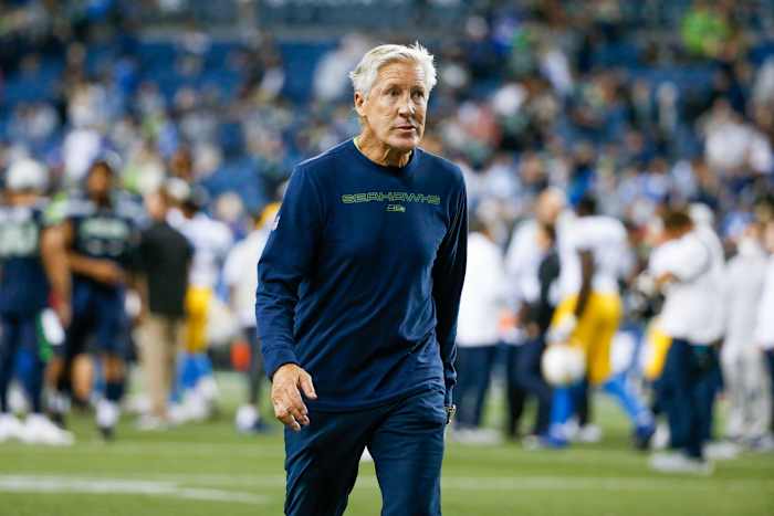 Aug 28, 2021; Seattle, Washington, USA; Seattle Seahawks head coach Pete Carroll walks to the locker room following a 27-0 victory against the Los Angeles Chargers at Lumen Field. Mandatory Credit: Joe Nicholson-USA TODAY Sports