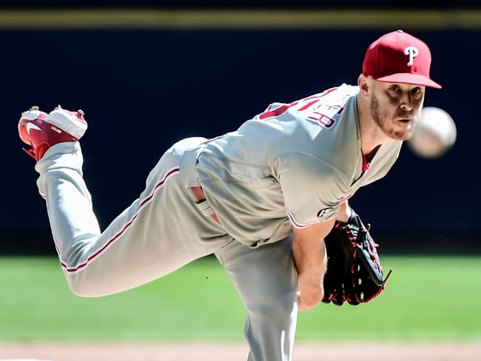 Sep 6, 2021; Milwaukee, Wisconsin, USA; Philadelphia Phillies pitcher Zack Wheeler (45) throws a pitch in the first inning against the Milwaukee Brewers at American Family Field.