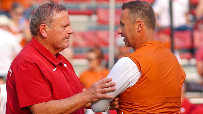 Razorbacks Sam Pittman, Texas' Steve Sarkisian at 2021 game in Fayetteville