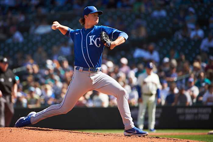 Aug 29, 2021; Seattle, Washington, USA; Kansas City Royals starting pitcher Brady Singer (51) throws the ball during the third inning against the Seattle Mariners at T-Mobile Park. Mandatory Credit: Troy Wayrynen-USA TODAY Sports
