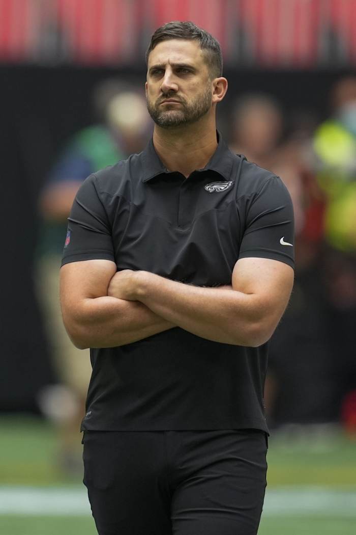 Nick Sirianni oaches against the Atlanta Falcons in the 2021 season opener