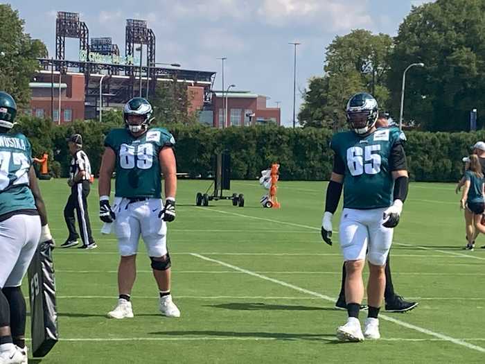 Eagles OL Landon Dickerson (left) and Lane Johnson practice on Sept. 15, 2021