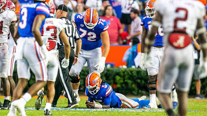 Florida's Emory Jones reacts after the Gators' loss to Alabama