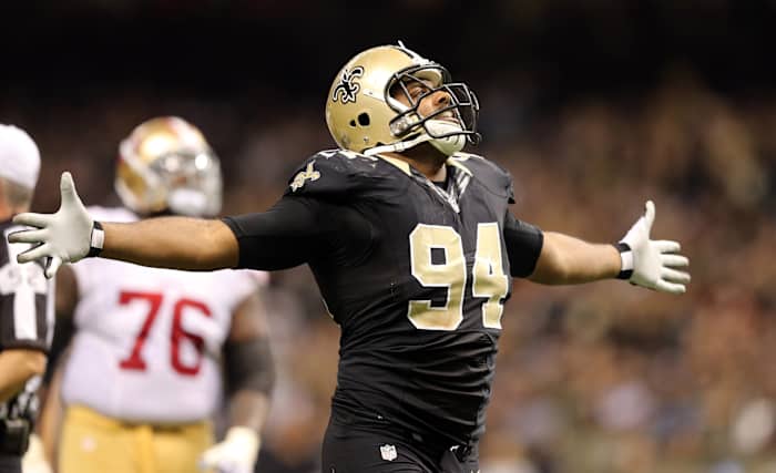 Nov 9, 2014; New Orleans Saints defensive end Cameron Jordan (94) celebrates a sack against the San Francisco 49ers. Mandatory Credit: Chuck Cook-USA TODAY