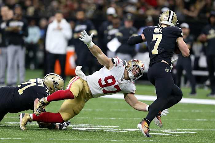 Dec 8, 2019; San Francisco 49ers defensive end Nick Bosa (97) defends New Orleans Saints Taysom Hill (7). Mandatory Credit: Chuck Cook-USA TODAY Sports