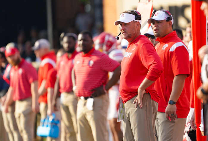Sep 17, 2022; Winston-Salem, North Carolina, USA; Liberty Flames head coach Hugh Freeze looks on against the Wake Forest Demon Deacons during the first half at Truist Field. Mandatory Credit: James Guillory-USA TODAY Sports