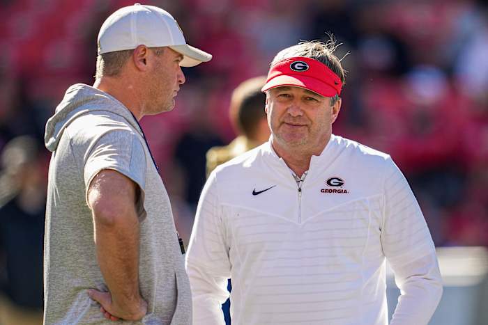 Georgia Tech interim head coach Brent Key and Georgia head coach Kirby Smart