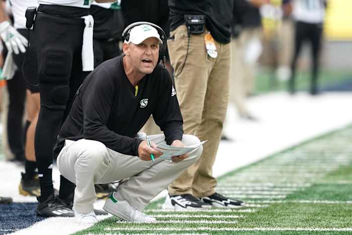 Berkeley, California, USA; Sacramento State Hornets head coach Troy Taylor kneels on the sideline during the second quarter against the California Golden Bears at FTX Field at California Memorial Stadium.