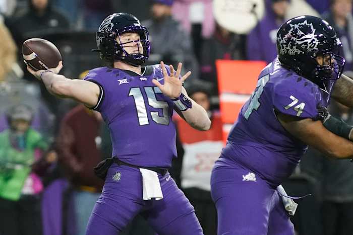 TCU Horned Frogs quarterback Max Duggan throws the ball