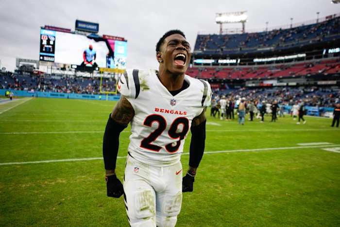 Cincinnati Bengals cornerback Cam Taylor-Britt (29) celebrates after beating the Tennessee Titans at Nissan Stadium Sunday, Nov. 27, 2022, in Nashville, Tenn. Nfl Cincinnati Bengals At Tennessee Titans