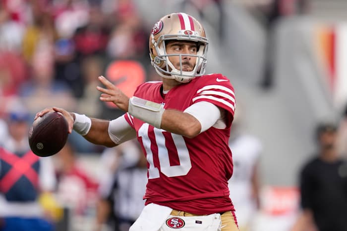 Jimmy Garoppolo throws a pass during a win over the Saints