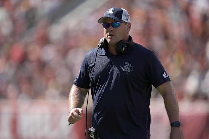 Los Angeles, California, USA; Rice Owls head coach Mike Bloomgren reacts in the first half against the Southern California Trojans at United Airlines Field at Los Angeles Memorial Coliseum.