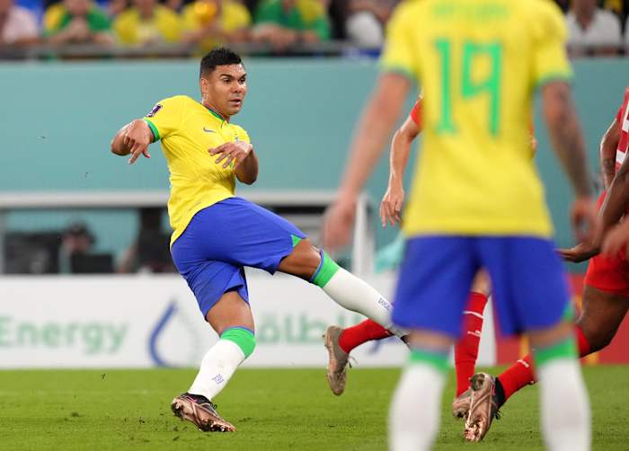 Casemiro pictured shooting to score for Brazil in their 1-0 win over Switzerland at the 2022 FIFA World Cup in Qatar