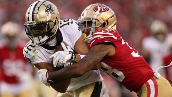 Saints WR Chris Olave makes a second quarter catch against the 49ers. The play was overturned. Credit: NBC Sports