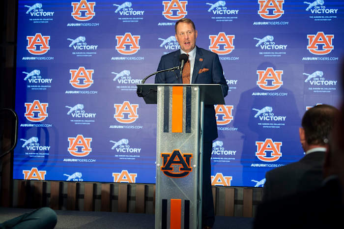 Auburn Tigers football coach Hugh Freeze is introduced at the Woltosz Football Performance Center in Auburn, Ala., on Tuesday, Nov. 29, 2022