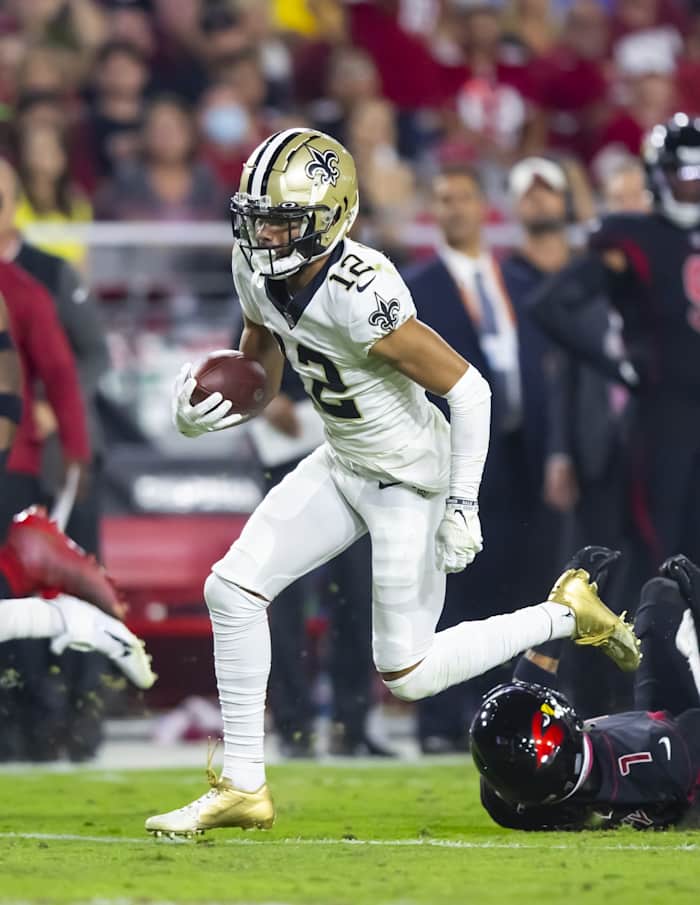 New Orleans Saints receiver Chris Olave (12) against the Arizona Cardinals. Mandatory Credit: Mark J. Rebilas-USA TODAY Sports