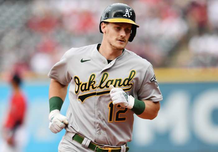 Jun 11, 2022; Cleveland, Ohio, USA; Oakland Athletics catcher Sean Murphy (12) rounds the bases after hitting a home run during the ninth inning against the Cleveland Guardians at Progressive Field. Mandatory Credit: Ken Blaze-USA TODAY Sports