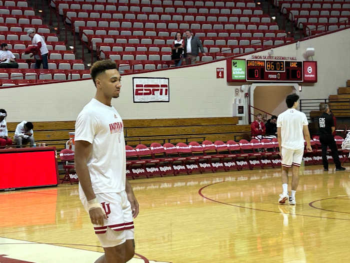 Indiana senior forward Trayce Jackson-Davis warming up before the UNC game.
