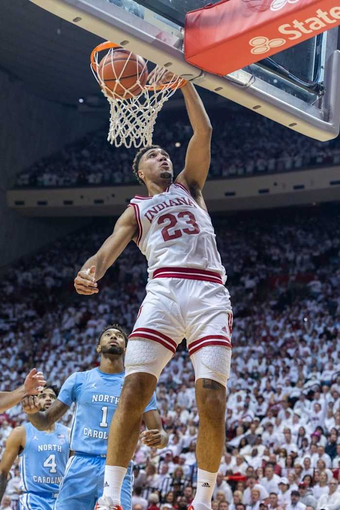 Indiana Hoosiers forward Trayce Jackson-Davis (23) shoots the ball in the first half against the North Carolina Tar Heels at Simon Skjodt Assembly Hall.