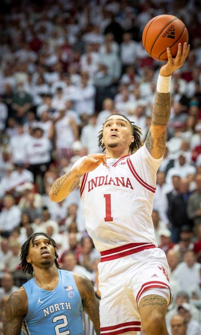 Jalen Hood-Schifino (1) scores during the Indiana versus North Carolina men's basketball game